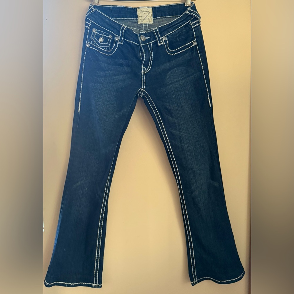 Dark Blue Flare Jeans with Contrast Stitching
Size 7
